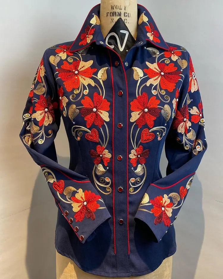 Women Vintage Print Long Sleeve Button Down Slim Shirt 2024 Spring Lady Retro Blouse Tops