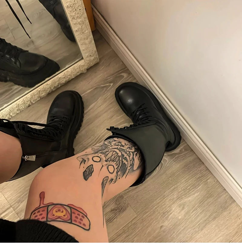 Chunky Women Motorcycle High Boots Fashion Lace Up Long Boots Platform Flats Autumn Winter Ladies Shoes