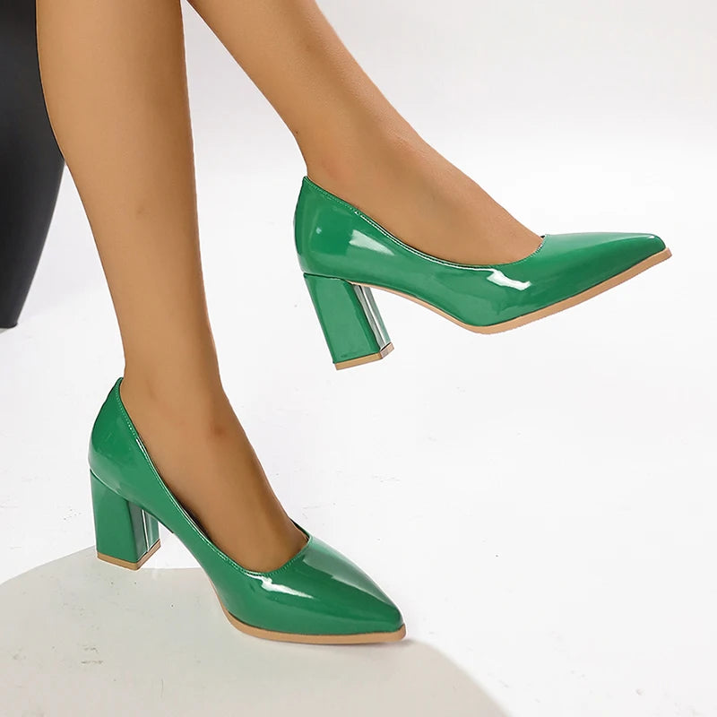 Women Shoes Green Chunky Heel High Heels Sexy Pointed Toe 7Cm Pumps Wedding Dress Shoes Rubber Bottom High Heels Ladies