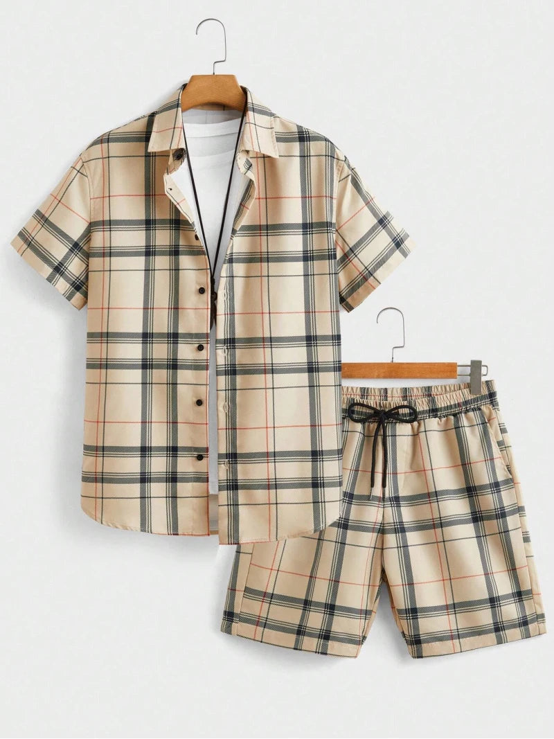 街頭休閒男士西裝個性時尚格紋印花圖案短袖翻領襯衫短褲男式兩件套