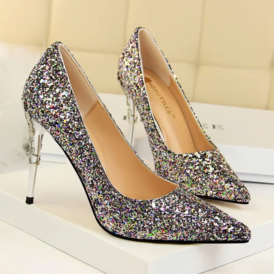 Women 9.5cm High Heels Pumps Lady Wedding Bridal Gold Silver Stiletto Heels Nightclub Event Party Sparkly Sequins Bling Shoes