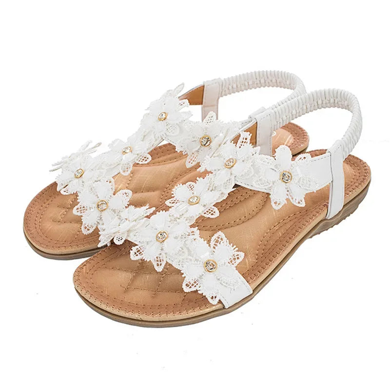BEYARNEComfortable flat sandals women big size summer shoes woman bohemia flowers rhinestone beach ladies shoes thongs
