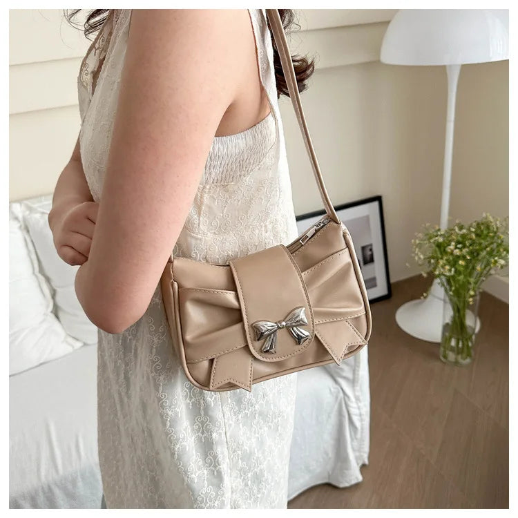 Sweet Bow Small Underarm Bag for Women Fashion PU Leather Ladies Portable Shoulder Bags Solid Color Female Clutch Handbags