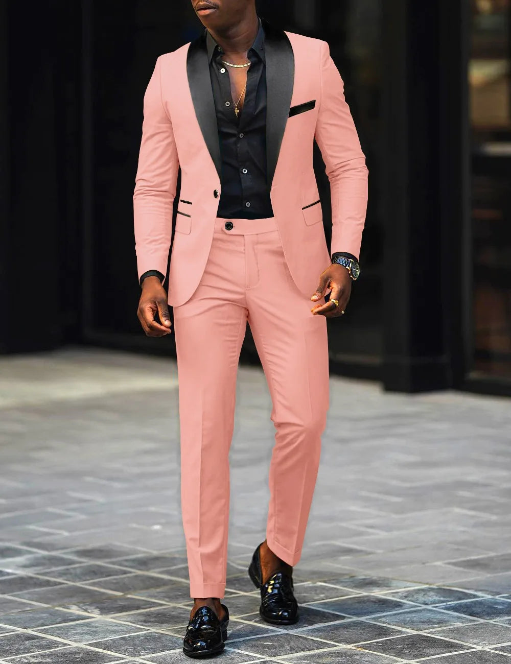 男士新款時尚商務休閒兩件式舒適透氣修身側開叉單扣西裝外套+褲子