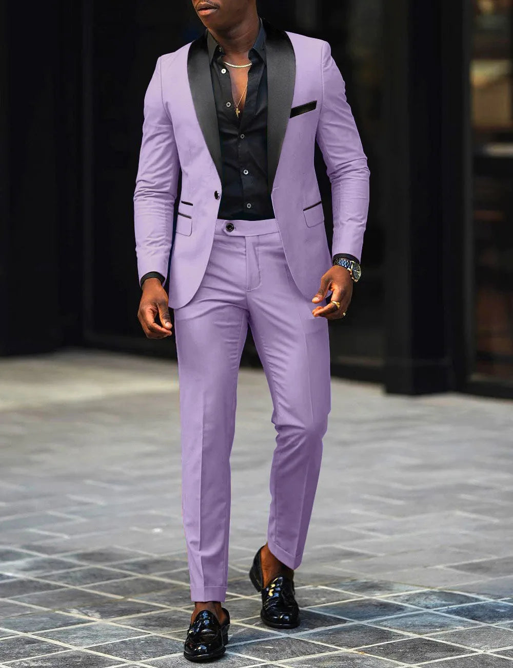 男士新款時尚商務休閒兩件式舒適透氣修身側開叉單扣西裝外套+褲子