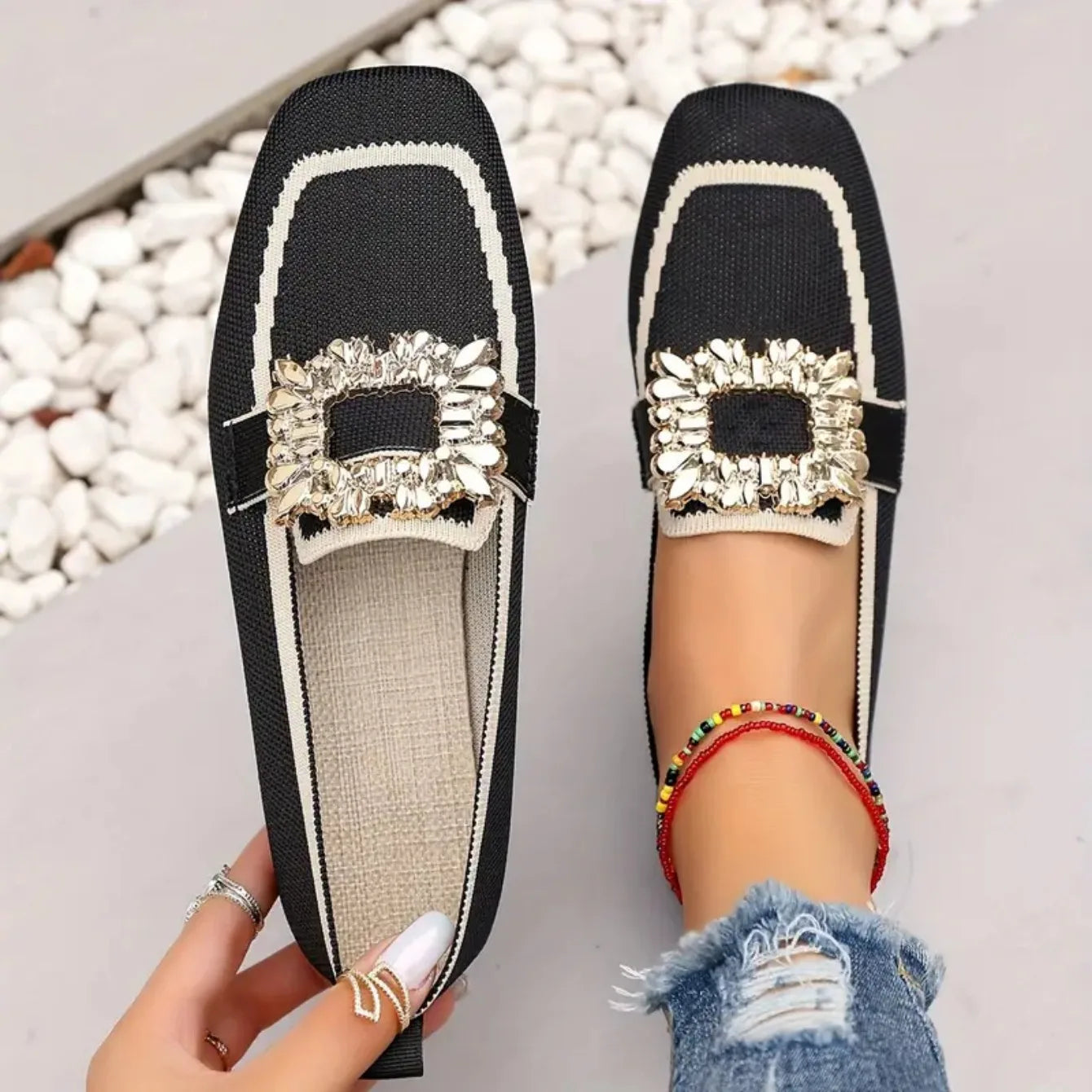Women Flats Spring 2025 New Large Size Flat Loafers Shoes Women Knitting Slip-on Square Head Breathable Fashion Shoes for Women