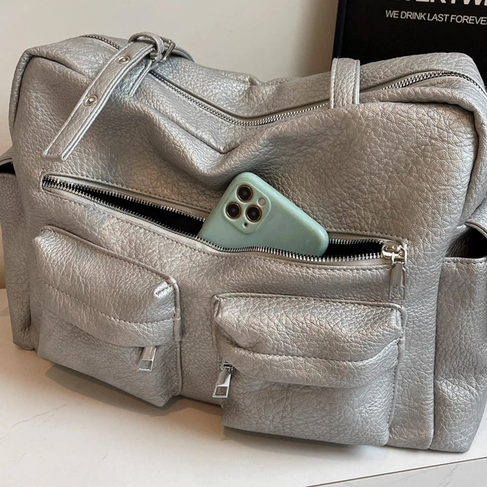 2024 Women PU Leather Shoulder Bag Multi-Pockets Underarm Bag Solid Versatile Commuting Handbag Adjustable Strap Armpit Tote Bag