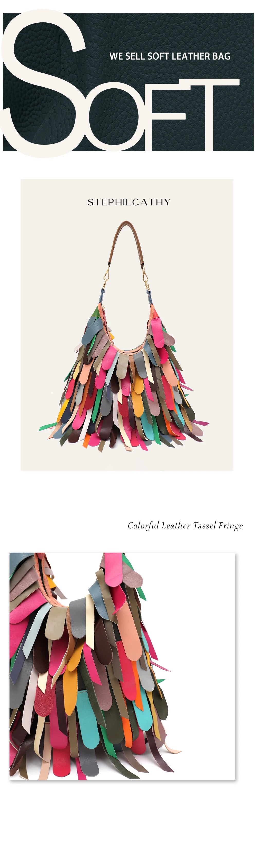 Women Daily Casual Slouchy Boho Style Colorful Real Sheepskin Tassel Fringe Hobo Shoulder Cross body Bag Genuine Leather Handbag