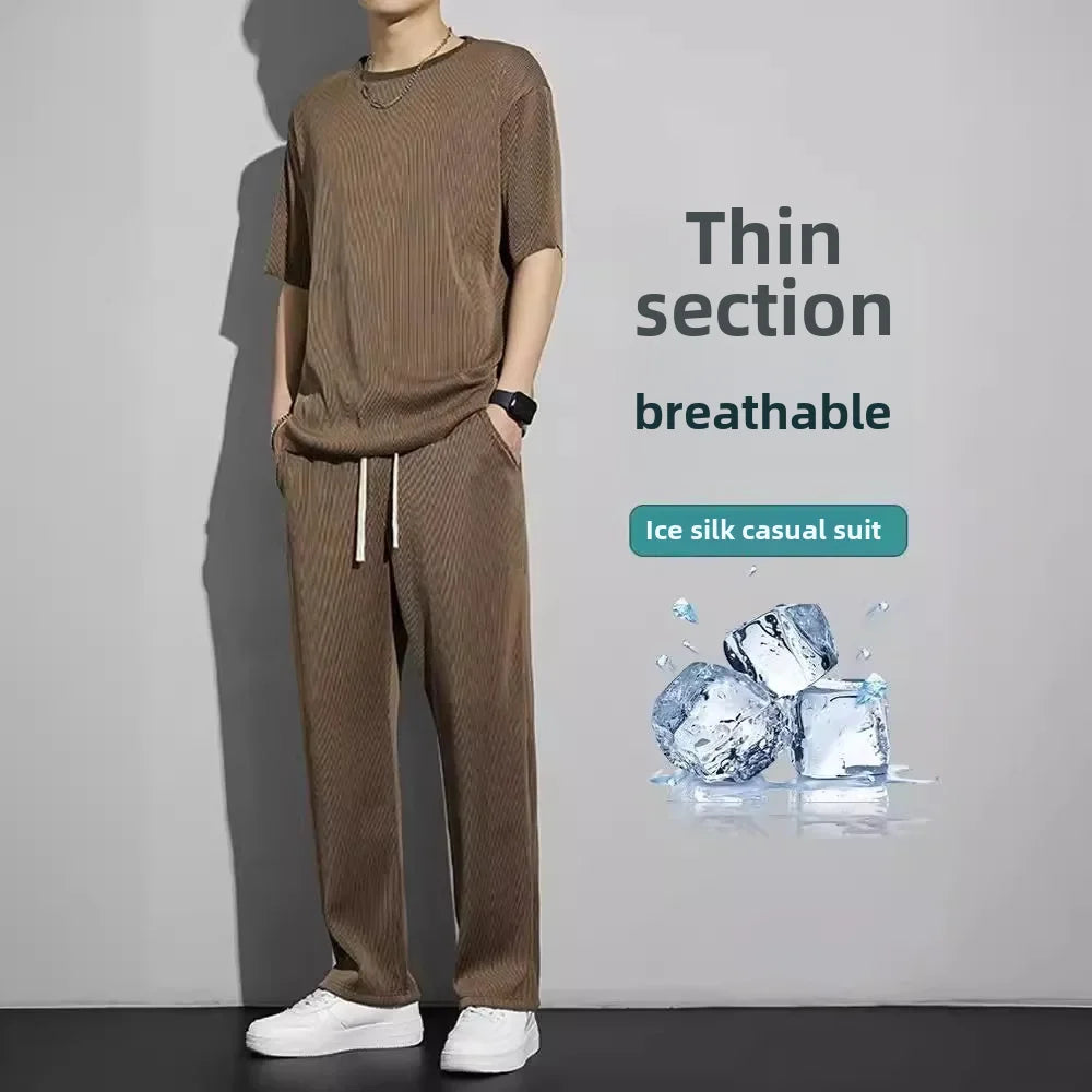 男士冰絲運動套裝夏季薄款2024新款休閒長褲短袖T卹速乾套裝
