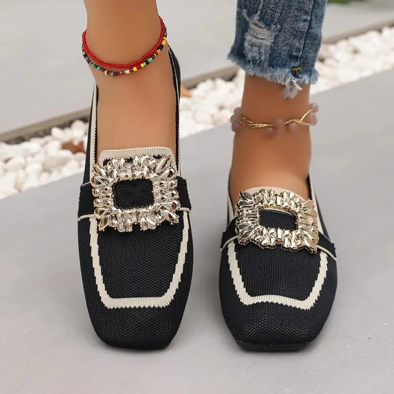 Women Flats Spring 2025 New Large Size Flat Loafers Shoes Women Knitting Slip-on Square Head Breathable Fashion Shoes for Women