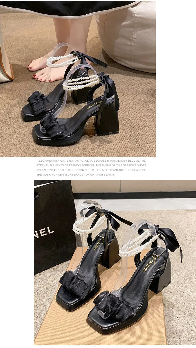 Comfort Shoes for Women Pearl Sandals Suit Female Beige Increasing Height Block Heels All-Match Black Bow 2024 Fashion Chunky Gi