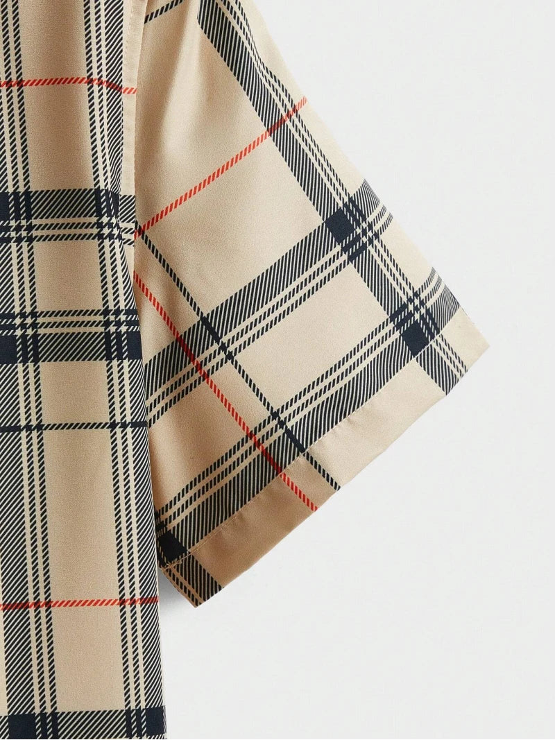 街頭休閒男士西裝個性時尚格紋印花圖案短袖翻領襯衫短褲男式兩件套