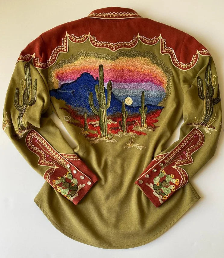 Women Vintage Print Long Sleeve Button Down Slim Shirt 2024 Spring Lady Retro Blouse Tops