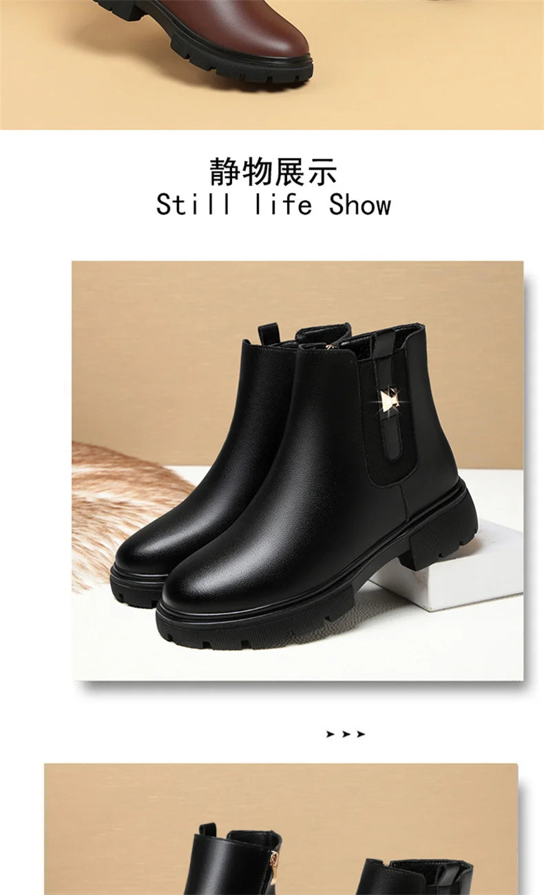 2024 British Style Women Chelsea Boots Square Heel Platform Comfortable Anti-slip Zip Ankle Boots Soft Leather Casual Boots