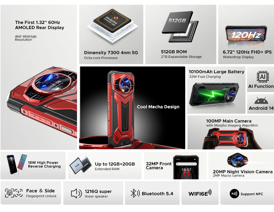 World Premiere DOOGEE S200 Plus 5G AI Rugged Phone Dimensity 7300 1.32" Rear Display 12+512GB 6.72'' 10100mAh Battery Smartphone