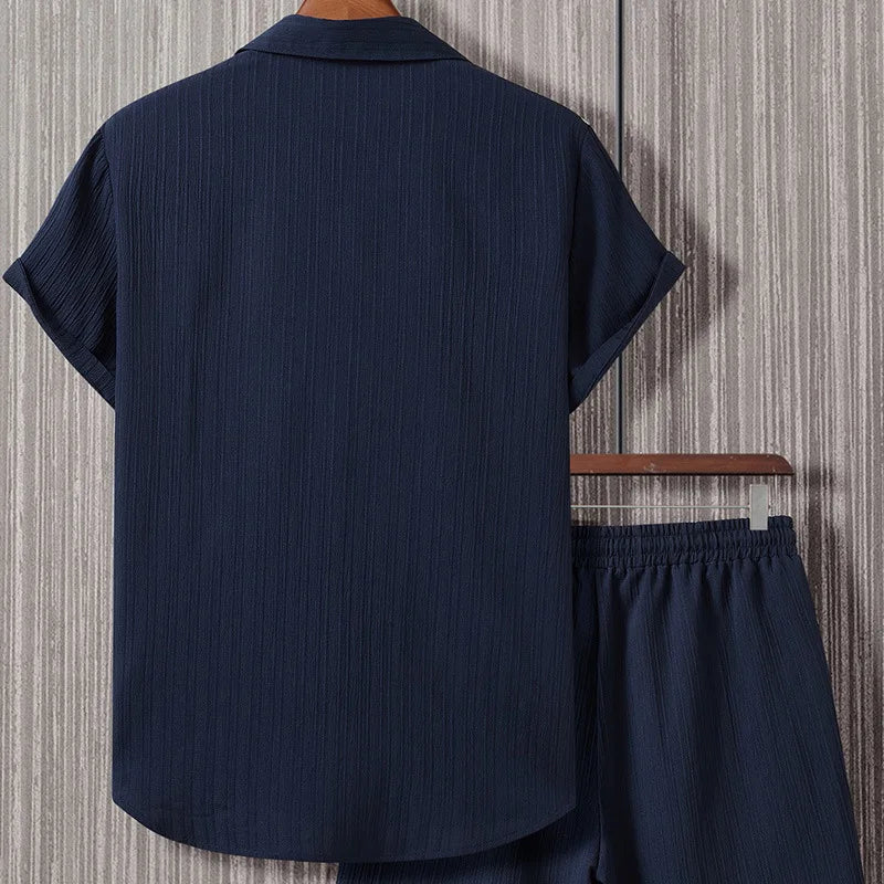 2024 夏季男士套裝條紋提花襯衫短袖扣領休閒輕薄透氣潮流街頭服飾