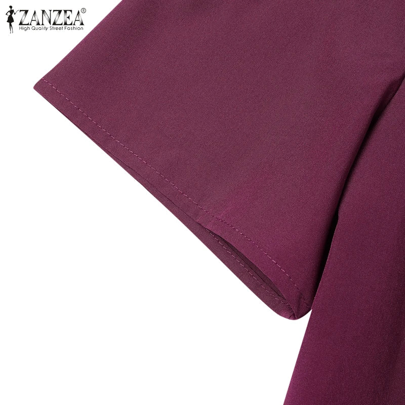 ZANZEA Short Sleeve Korean Fashion Party Dress Elegant Solid Waist-Cinched Pleated A-line Robes Women O Neck Knee-length Dress