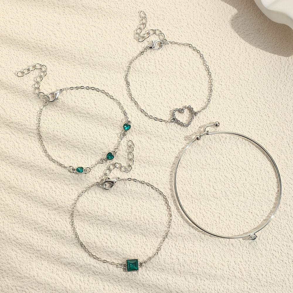 4 Pcs Bracelet Set Hollow Chain Bracelet & Simple Bangle Inlaid Heart Shape Synthetic Gems Adjustable Jewelry For Women