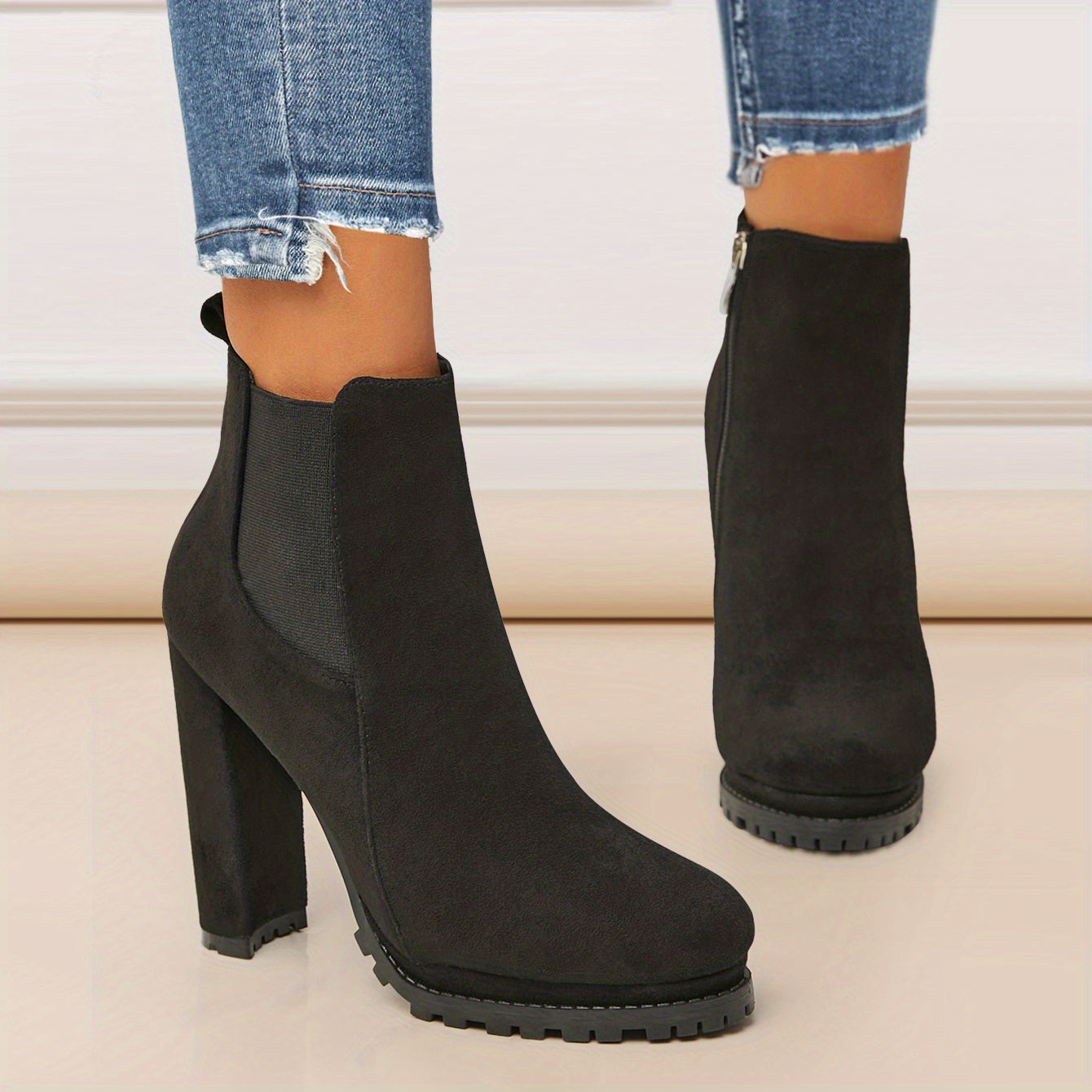 Stylish Pointed Toe Ankle Boots - Chunky Heeled, Platform, Side Zipper, Tound Toe, Comfortable Women's Footwear for Everyday Wear