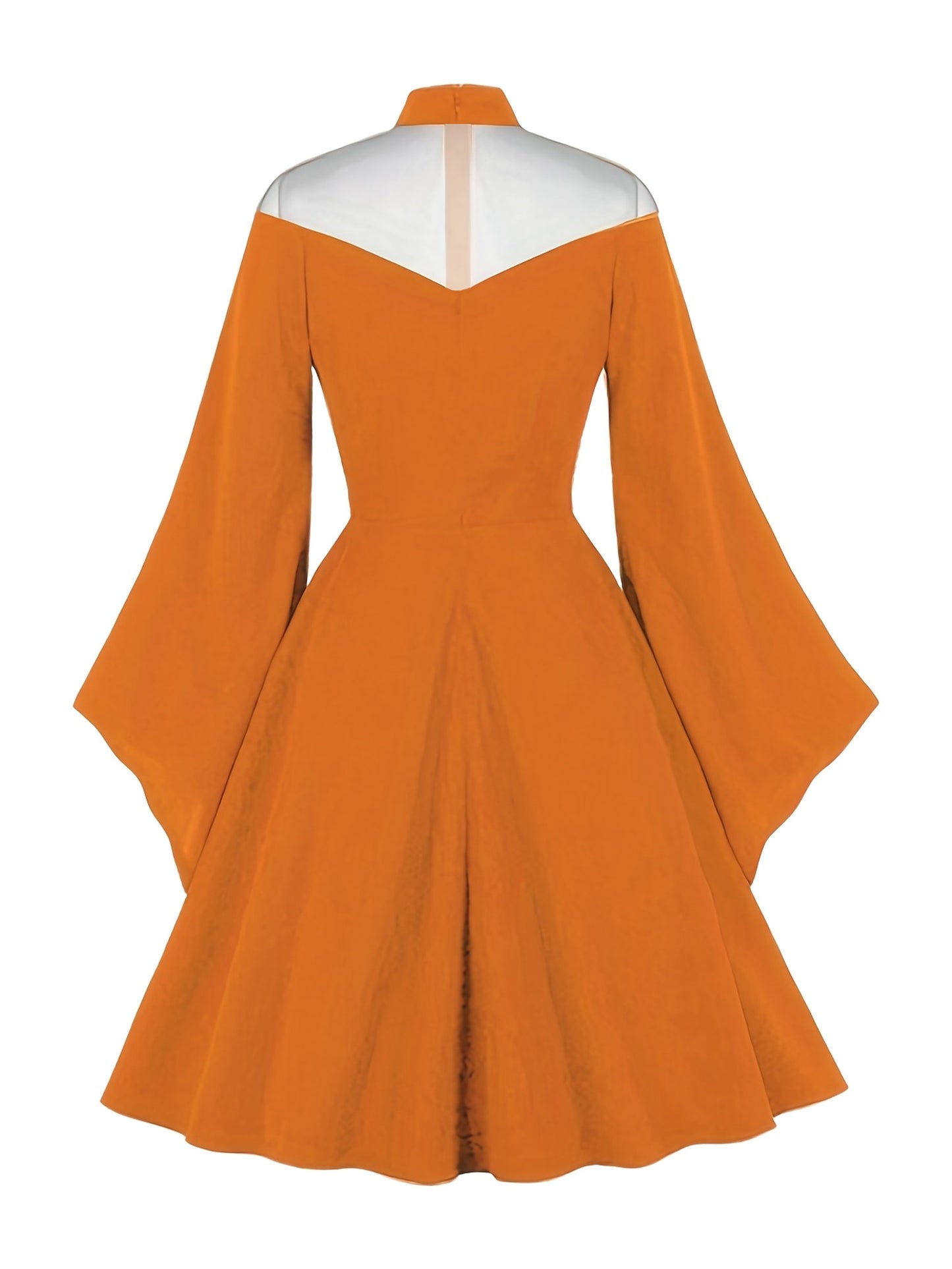 Halloween Black Queen Mesh Trumpet Sleeve Dress, Solid Retro Zip Back Dress, Women's Clothing