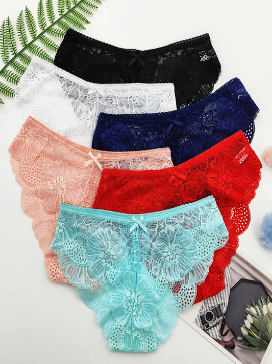 6pcs Jacquard Lace Bow Hipster Bikini Panties, Comfortable & Breathable Low Waist Briefs, Women's Lingerie & Underwear