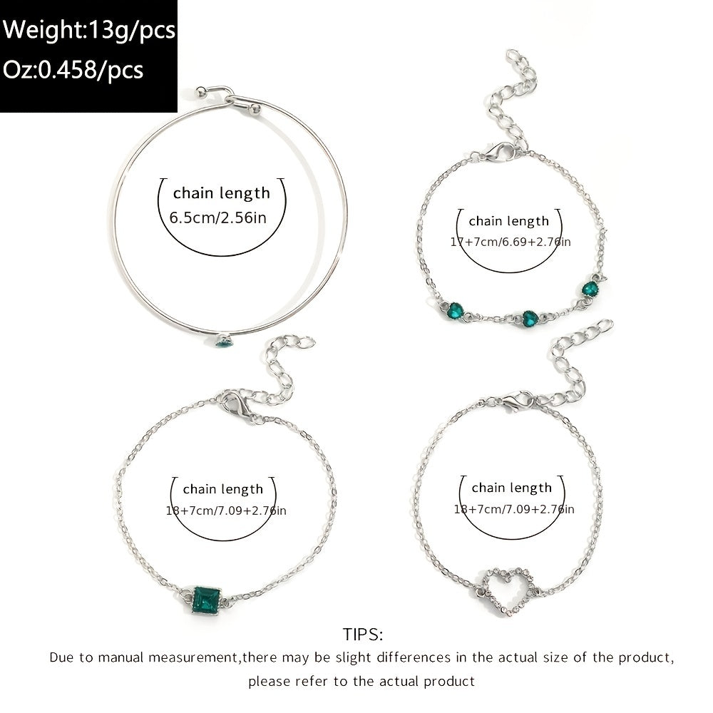 4 Pcs Bracelet Set Hollow Chain Bracelet & Simple Bangle Inlaid Heart Shape Synthetic Gems Adjustable Jewelry For Women