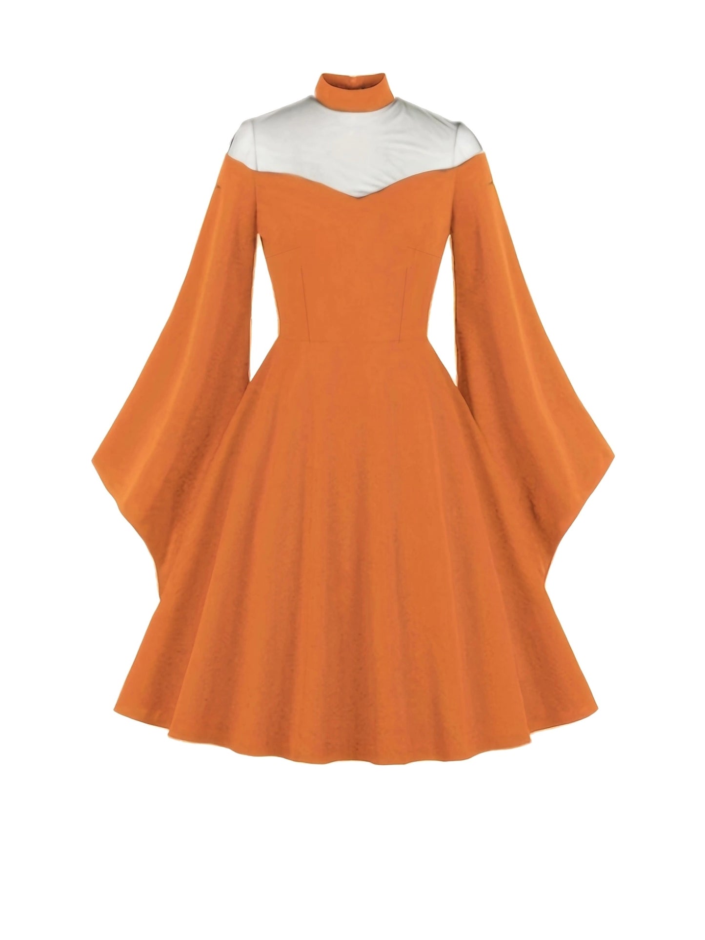 Halloween Black Queen Mesh Trumpet Sleeve Dress, Solid Retro Zip Back Dress, Women's Clothing