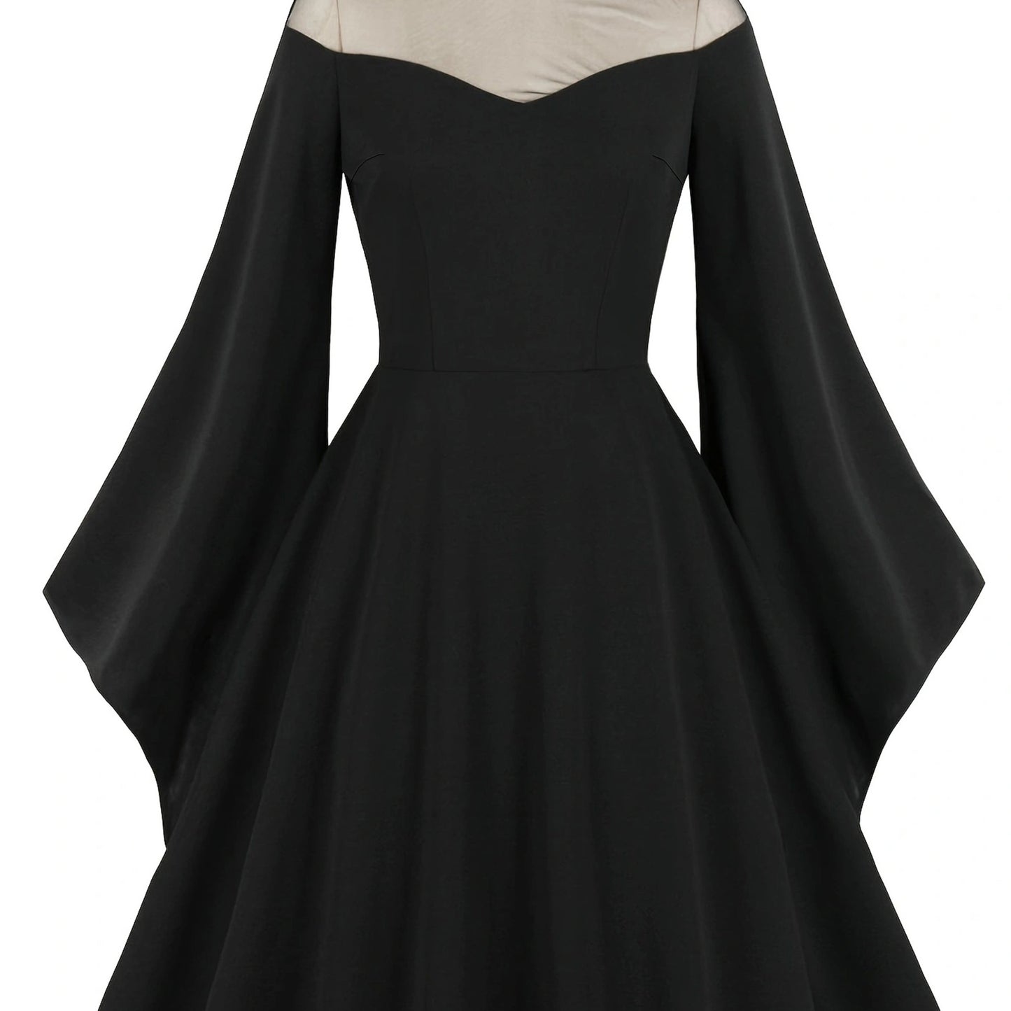 Halloween Black Queen Mesh Trumpet Sleeve Dress, Solid Retro Zip Back Dress, Women's Clothing