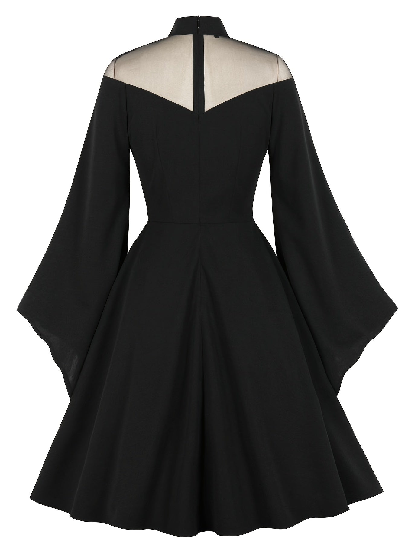 Halloween Black Queen Mesh Trumpet Sleeve Dress, Solid Retro Zip Back Dress, Women's Clothing