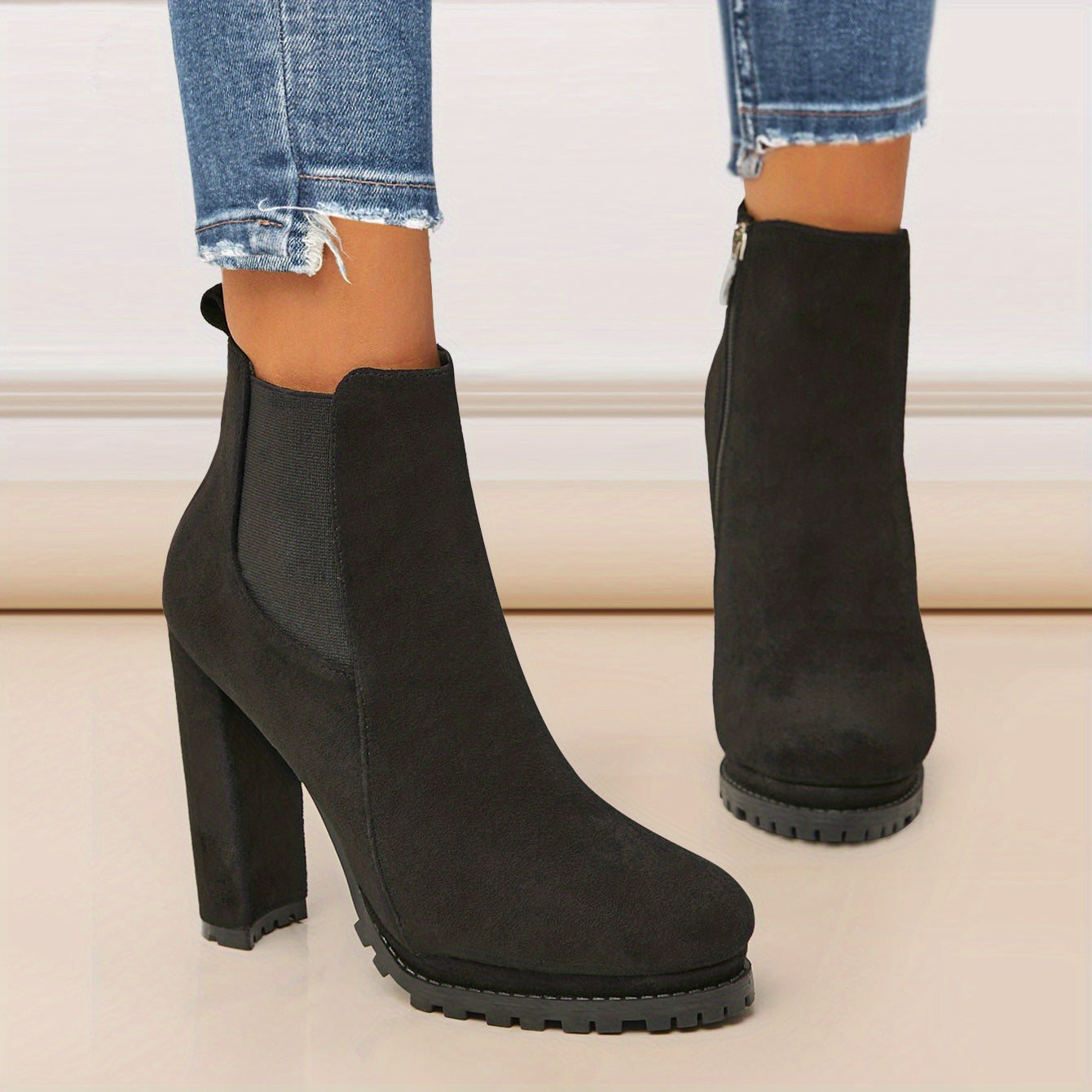 Stylish Pointed Toe Ankle Boots - Chunky Heeled, Platform, Side Zipper, Tound Toe, Comfortable Women's Footwear for Everyday Wear