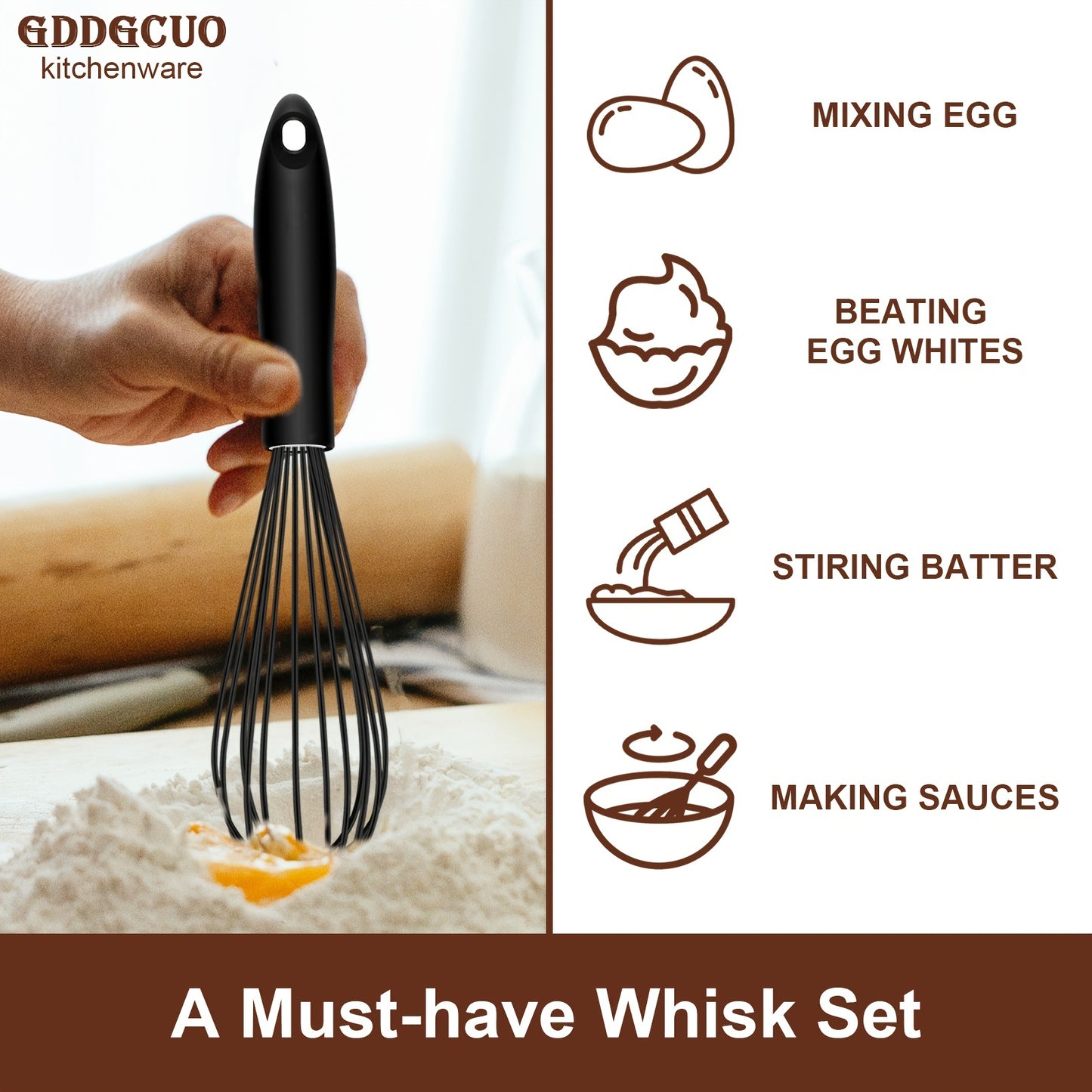3pcs 3-Piece Silicone Egg Whisk Set: Manual Egg Beater for Baking, Kitchen Supplies