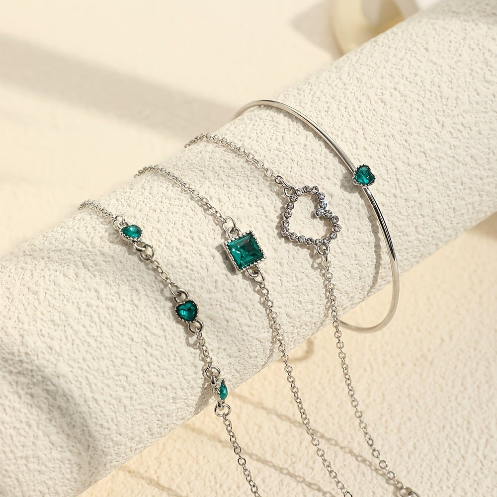 4 Pcs Bracelet Set Hollow Chain Bracelet & Simple Bangle Inlaid Heart Shape Synthetic Gems Adjustable Jewelry For Women