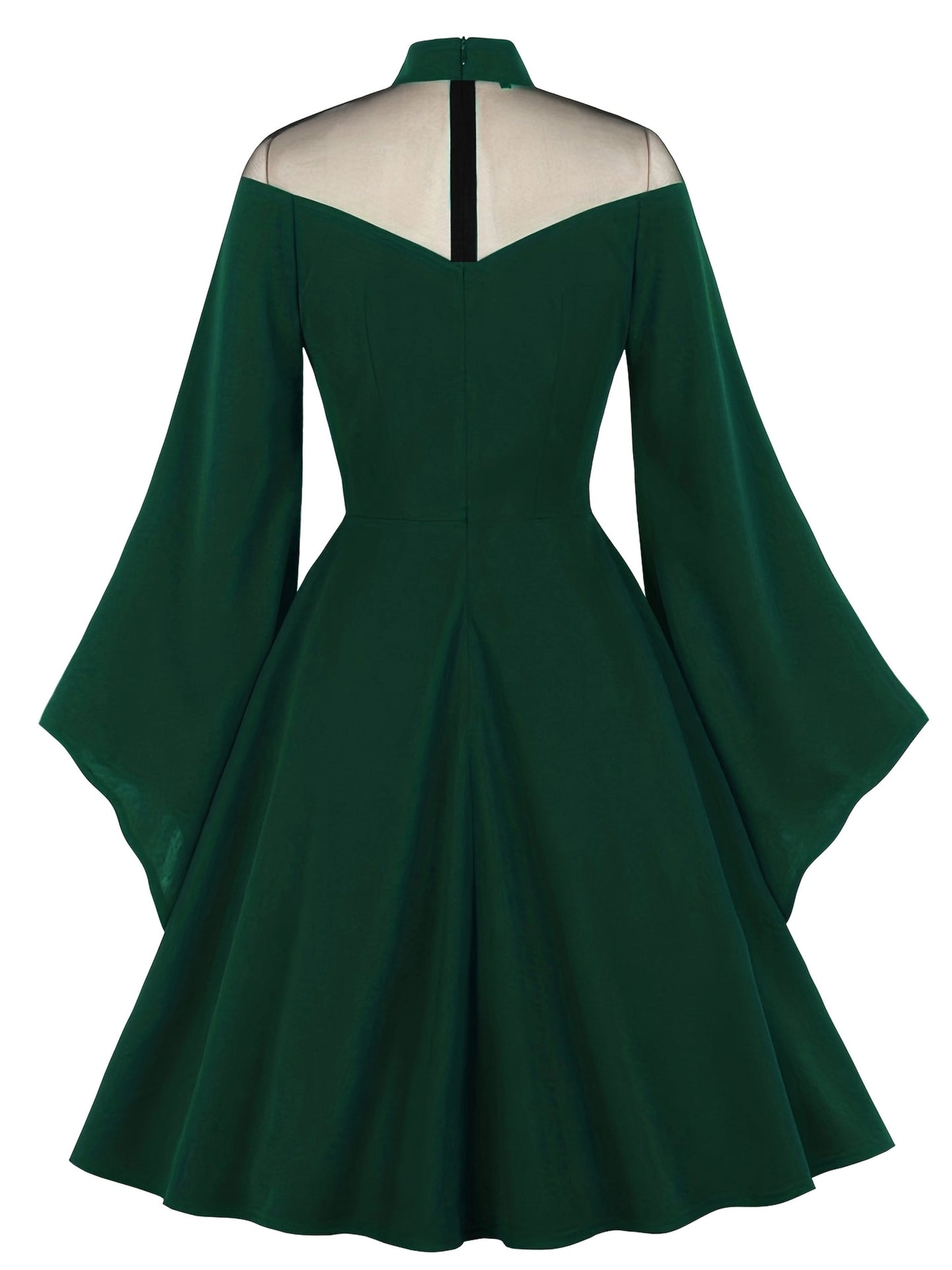 Halloween Black Queen Mesh Trumpet Sleeve Dress, Solid Retro Zip Back Dress, Women's Clothing