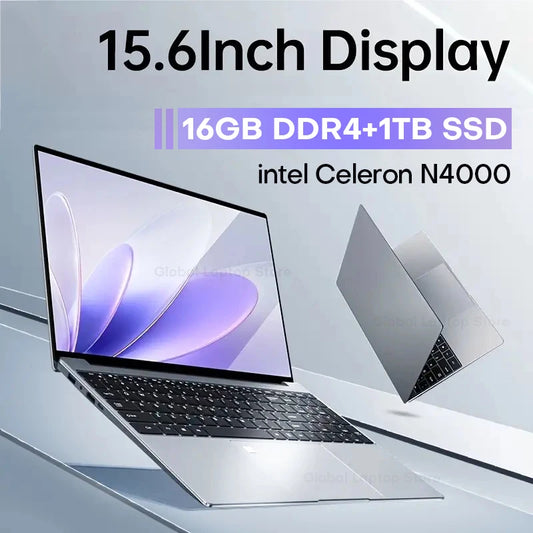 Ordinateur portable Intel Celeron N4000 15,6 pouces pour gamer, ultra fin, Windows 11 Pro, 16 Go de RAM, 1 To de SSD, 2 To de stockage, ordinateur de bureau