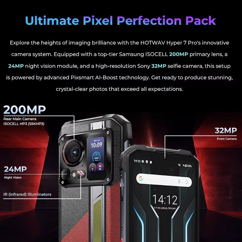 HOTWAV Hyper 7 Pro 36GB(16+20) 256GB 5G Smartphone 200MP 6.6'' FHD+ 120Hz 10800mAh 33W Android 14 Rugged Cell Phone