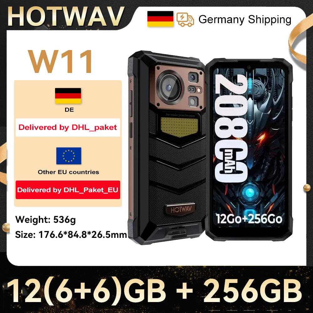 HOTWAV W11 20800mAh 33W Smartphone 12GB(6+6) 256GB 280LM Flashlight 6.6'' FHD+ 24MP Night Vision Rugged cell phone