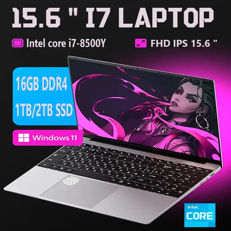 15.6" Ultraslim Fingerprint Unlock Laptop Intel Core i7-8500Y Video game laptops 16GB DDR 1TB SSD Office PC Windows 11 Pro 1080P