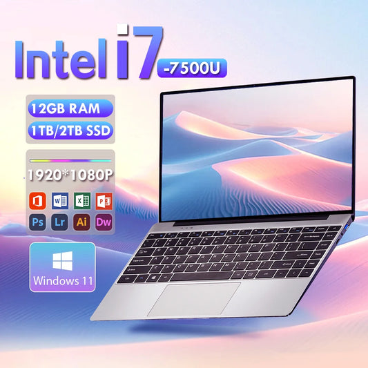 NEW 14.1'' Slim Office Laptop Windows 11 Intel i7 7500U 180° 12GB RAM 512GB 1TB SSD 1920*1080 Office Study Computer PC