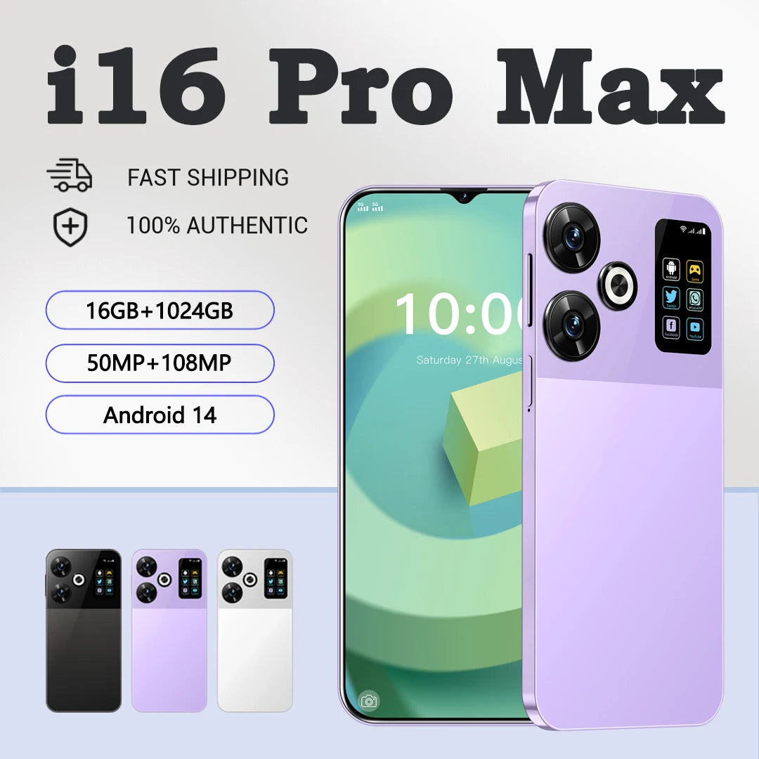 全新 i16 Pro Max 智慧型手機 7.3 吋 FHD+ 顯示器 驍龍 8 Gen3 72MP+108MP 相機 8000mAh 16GB+1TB | 超高效能