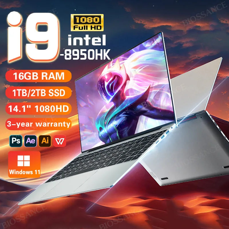 Ordinateur portable de jeu portable 2025 Windows 11 Intel Core i9 8950HK 14,1 pouces Notebook 16 Go DDR4 1 To 2 To SSD 1920 x 1080 PC portable pour gamer