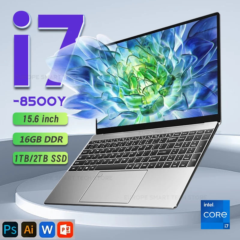 Ordinateur portable 15,6 pouces avec lecteur d'empreintes digitales, processeur Intel Core i7 8500Y, Windows 11 Pro, bureautique, étude, jeux, i7