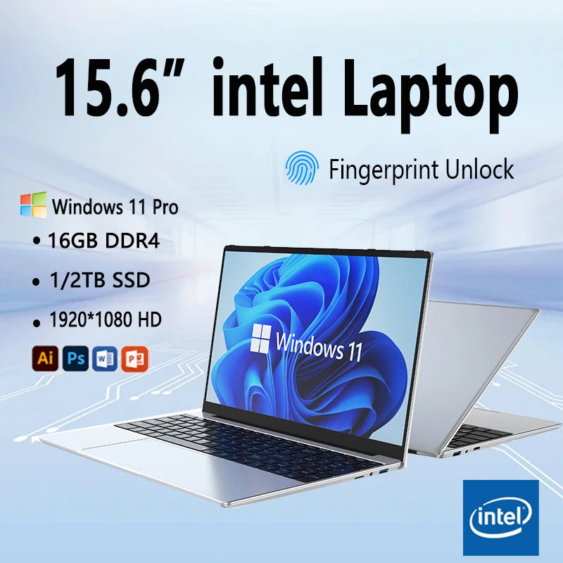 Portable Laptop Computer  Windows 11 Intel Celeron N4000  15.6 Inch 16GB RAM 1TB SSD Office Laptops Fingerprint Unlock Notebook