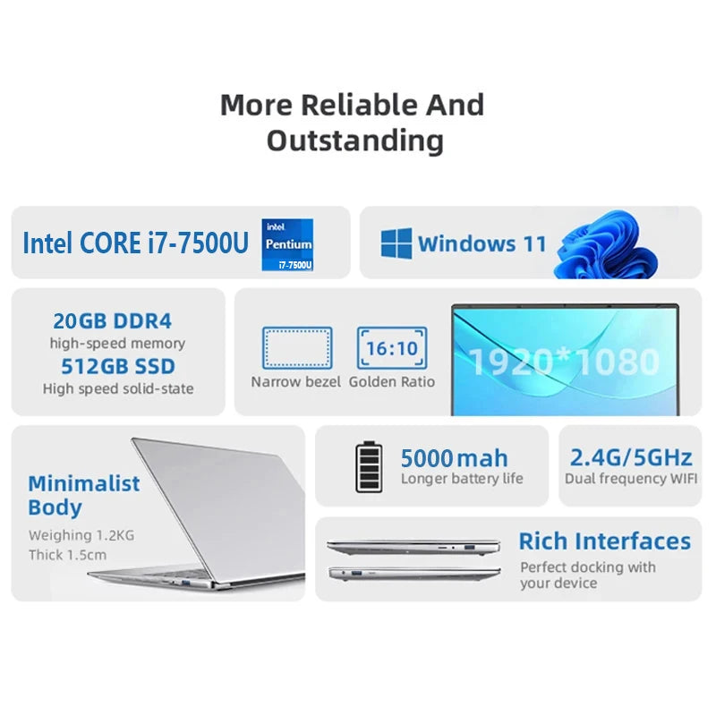 14.1" i7 7500U Laptop Computer 12GB DDR4 1TB 2TB SSD i7 Intel Core 1920*1080 Windows 11 Office Study Notebook PC Laptop Computer