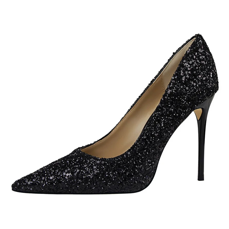 9219-1 European and American Women's Shoes With High Heels Shallow Tops Pointed Toes Sexy Sequins and Slim Nightclub High Heels