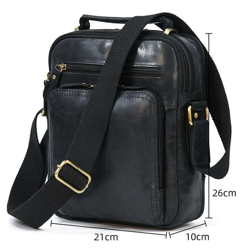 Crazy Horse Genuine Leather Men Shoulder Bag Cowhide Double Zipper Pockets Multifunctional Messenger bag Vintage mini handbag
