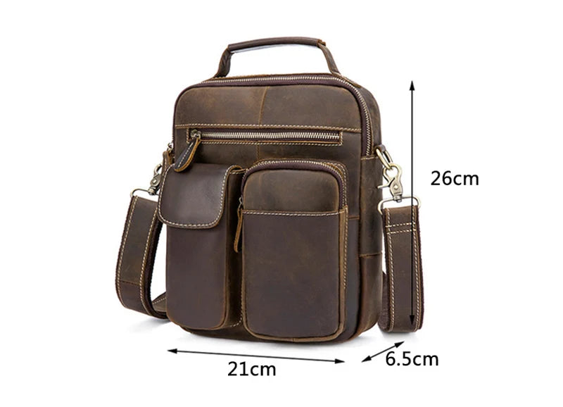 Crazy Horse Genuine Leather Men Shoulder Bag Cowhide Double Zipper Pockets Multifunctional Messenger bag Vintage mini handbag