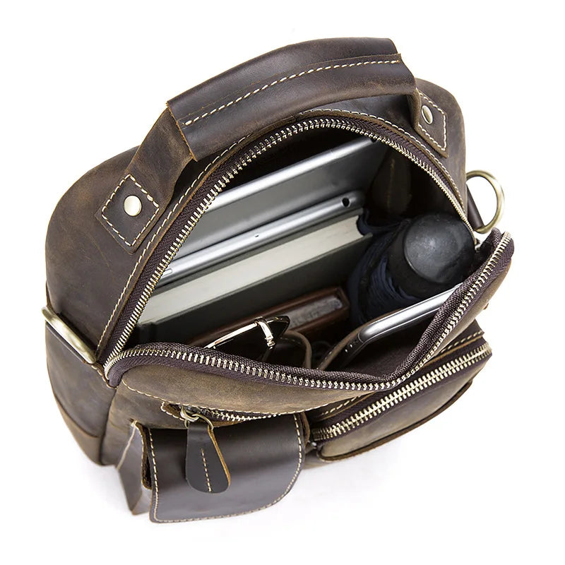 Crazy Horse Genuine Leather Men Shoulder Bag Cowhide Double Zipper Pockets Multifunctional Messenger bag Vintage mini handbag