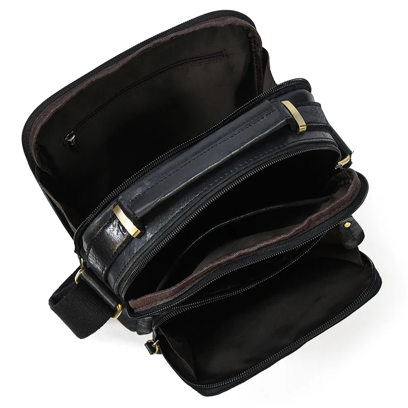 Crazy Horse Genuine Leather Men Shoulder Bag Cowhide Double Zipper Pockets Multifunctional Messenger bag Vintage mini handbag