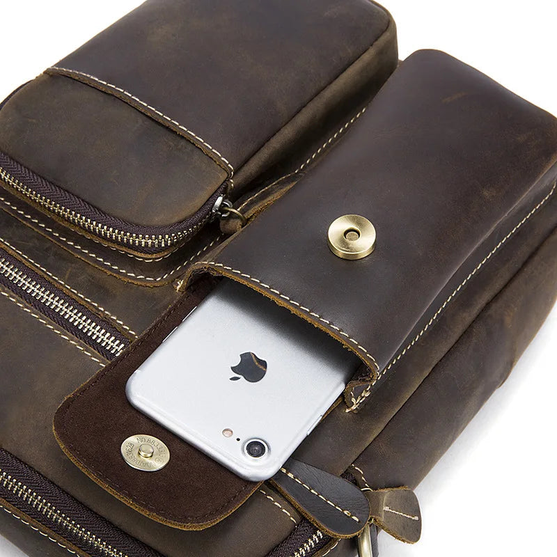 Crazy Horse Genuine Leather Men Shoulder Bag Cowhide Double Zipper Pockets Multifunctional Messenger bag Vintage mini handbag