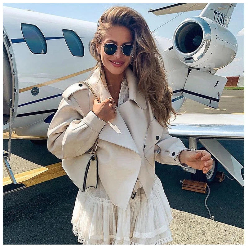 FTLZZ New Spring Women Faux Leather Jacket Biker Red White Coat Turndown Collar PU Motorcycle Jackets Loose Streetwear Outerwear